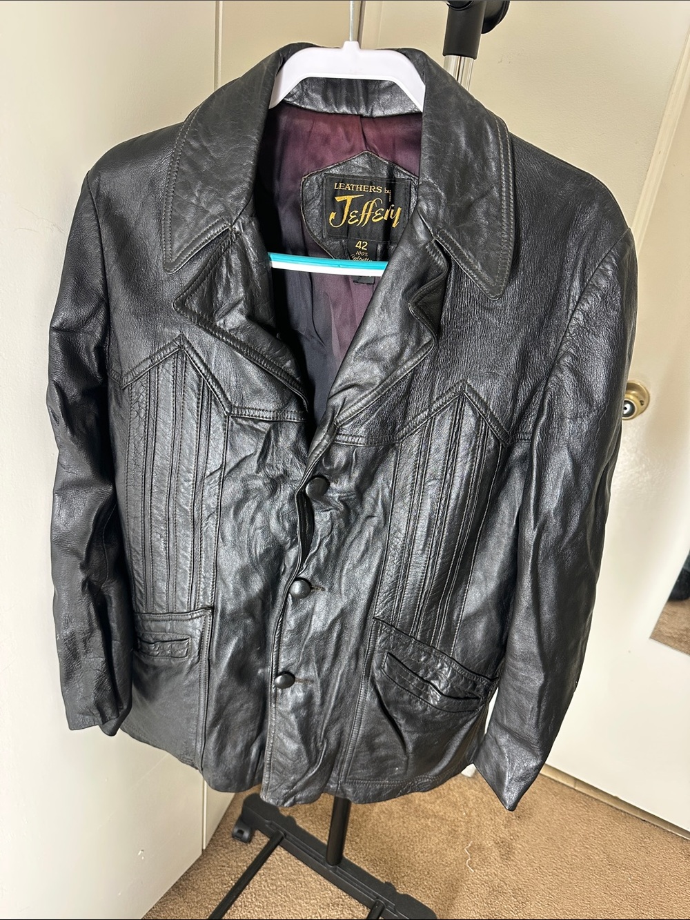 Black Leather Men's Button-Front Bomber Jacket